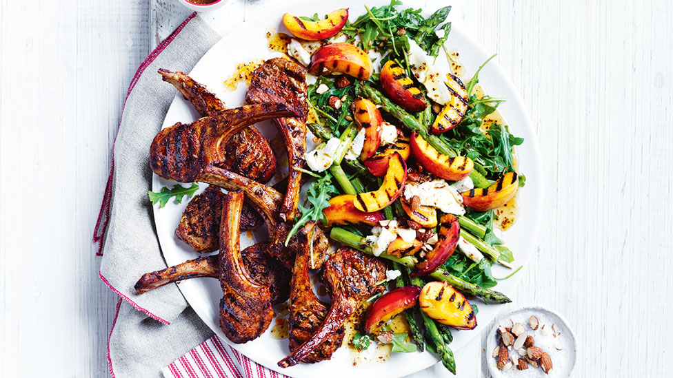 Spiced lamb cutlets with roasted peach salad