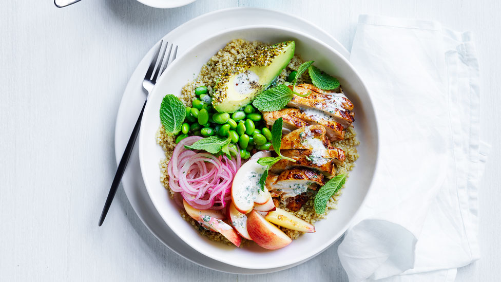 Nectarine and spiced chicken buddha bowl with yoghurt dressing