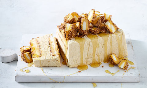 A goldren gaytime alfredo topped with icecream and caramel