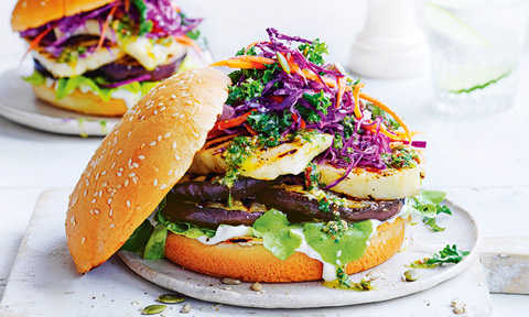 Two haloumi burgers with eggplant and pesto