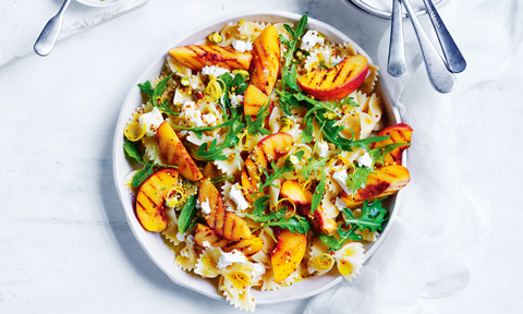 Pasta salad with grilled peach fetta and rocket leaves