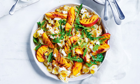 Pasta salad with grilled peach, fetta and rocket