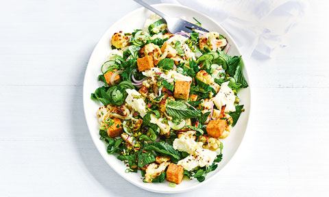 Roasted cauliflower and tempeh salad with vegetables