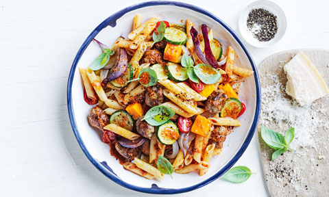 A bowl of vegetable and lamb sausage pasta