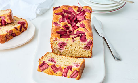 Lemon and rhubarb yoghurt cake slices