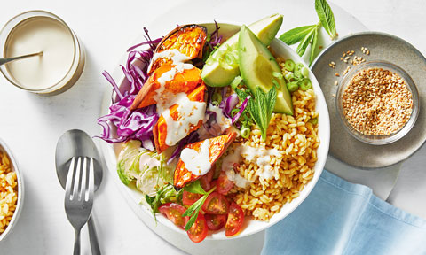 Roasted sweet potato salad bowl with mayonnaise