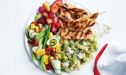 Chicken skewers with summer salad platter