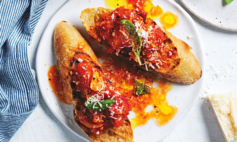 Curtis Stone's bruschetta with tomato, parmesan and basil broth