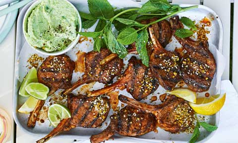 Nine spiced lamb cutlets with broad bean and ricotta dip