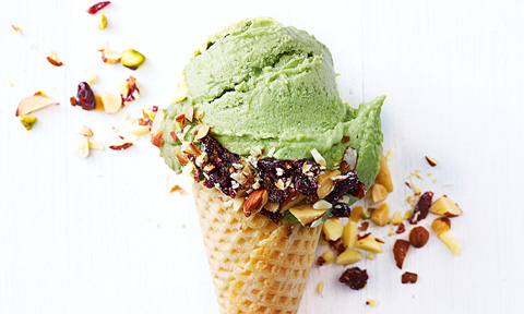 Avocado and lime vegan ice cream in a cone