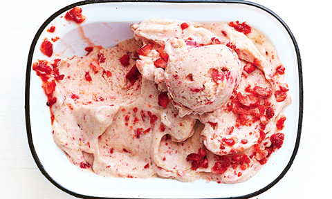 Banana and strawberry vegan ice cream in a baking tray
