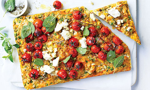 Corn, zucchini and tomato bread cut into pieces