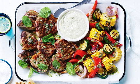 Curtis Stone’s BBQ veggies and lamb chops with tahini sauce and mint