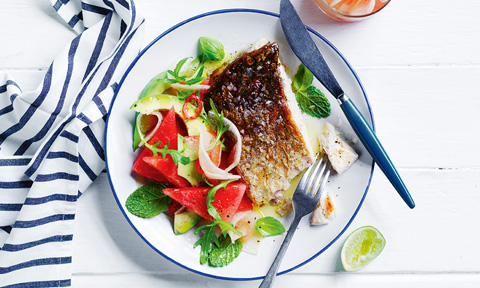 Crispy-skin barramundi portions with watermelon salad 