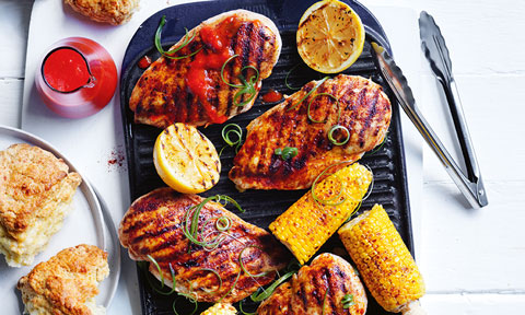 Curtis Stone's smoked BBQ chicken and corn with hot sauce