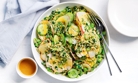 Edamame and apple brown rice salad with miso dressing