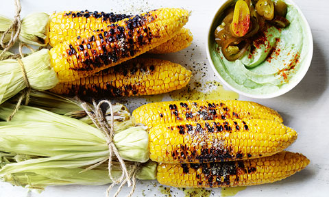 Six grilled corn with pickled jalapeño and avocado aioli 