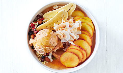 Peach and coconut vegan nice cream bowls