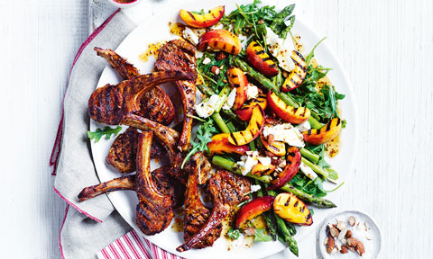 Spiced lamb cutlets with roasted peach salad