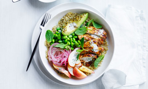 Nectarine and spiced chicken buddha bowl with yoghurt dressing