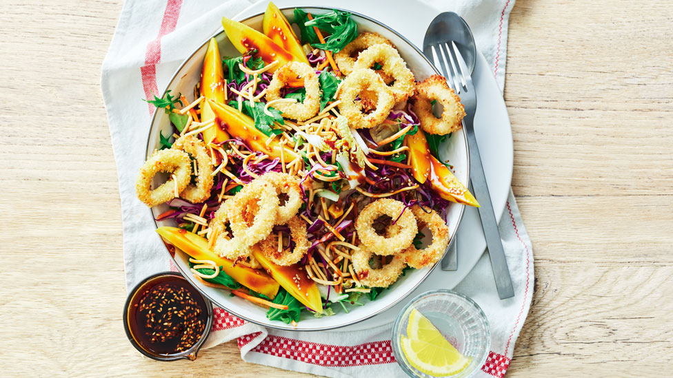 Coconut-crumbed calamari and mango salad