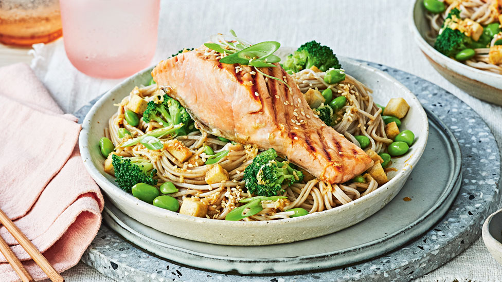 Ginger salmon with broccoli soba noodles