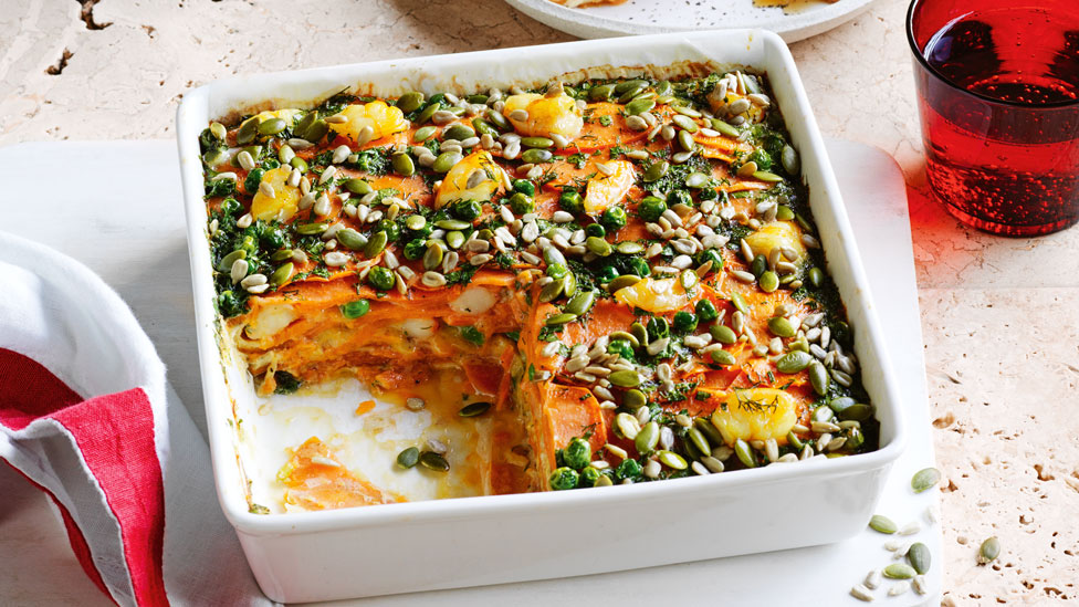 Baked sweet potato and prawn frittata