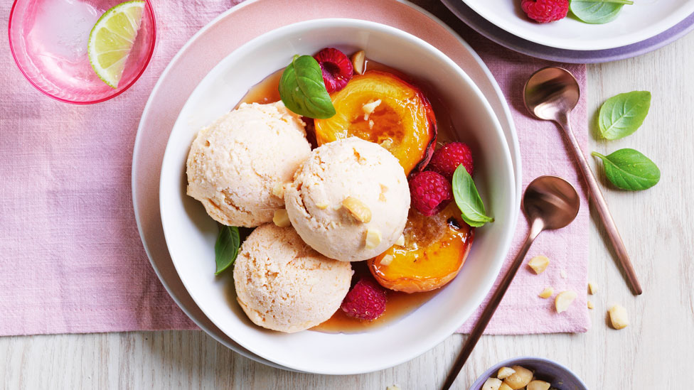 Roast peach sorbet with caramelised peaches