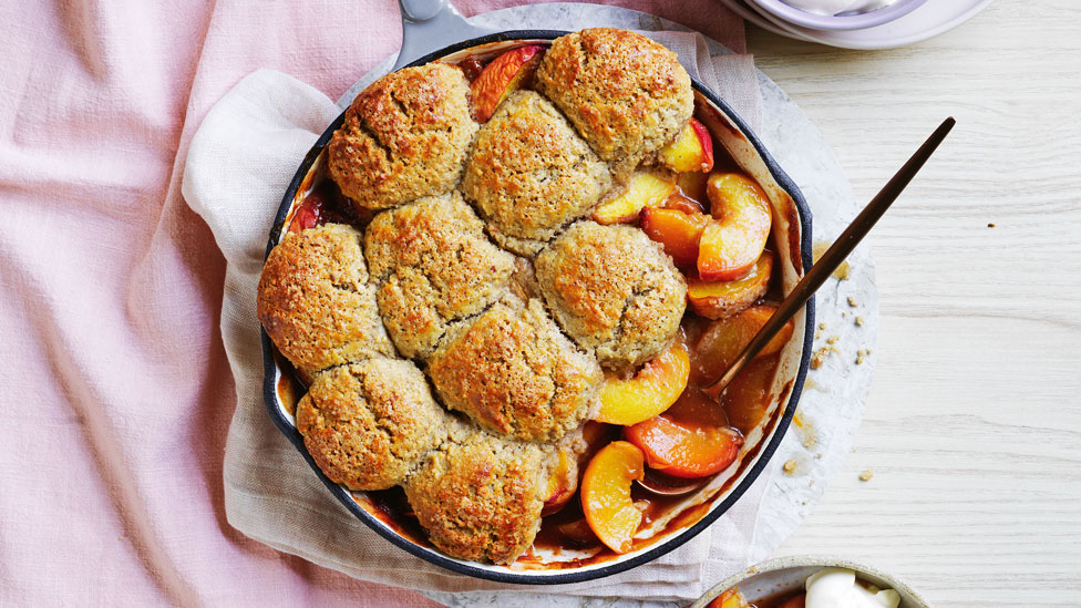 Spelt and pecan peach cobbler 