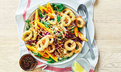 Coconut-crumbed calamari and mango salad