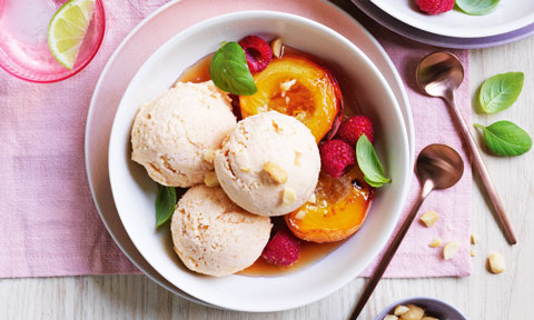 Roast peach sorbet with caramelised peaches