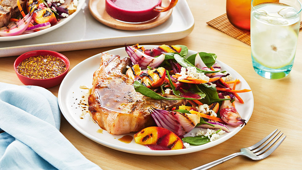 BBQ pork chop with grilled nectarine salad