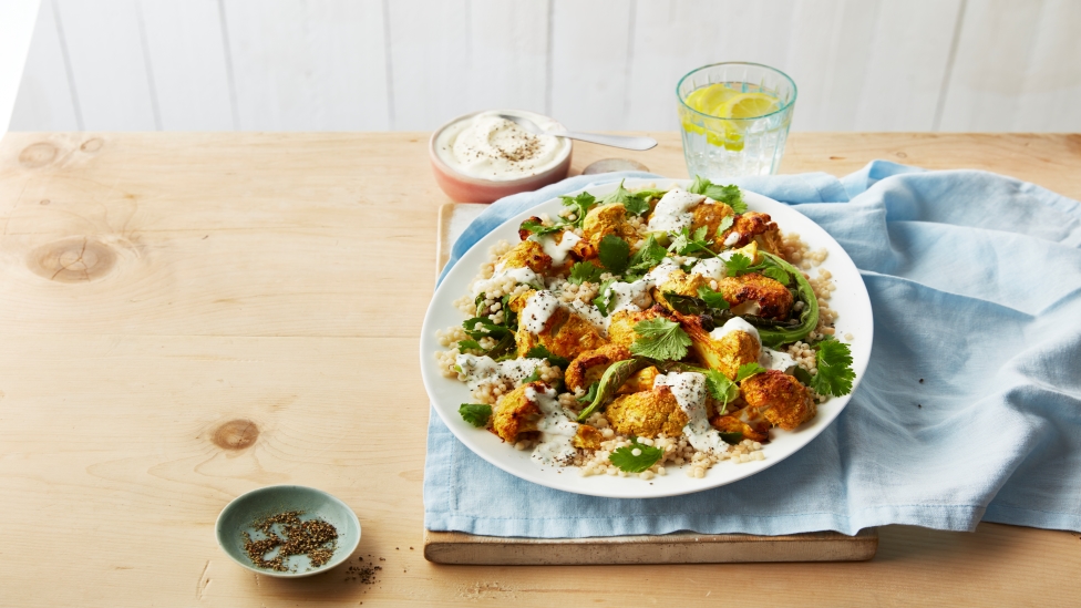 Curried cauliflower with yoghurt and pear couscous