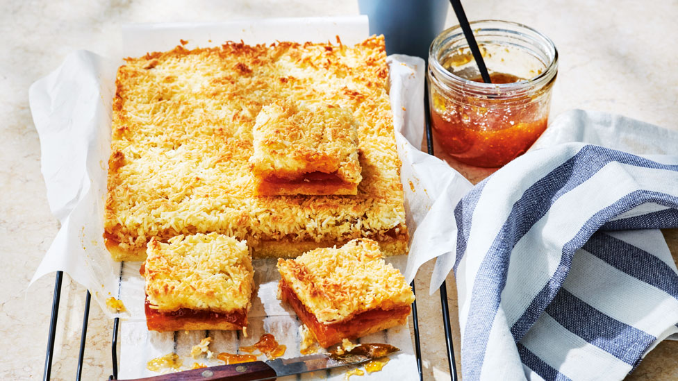 Apricot jam and coconut slice