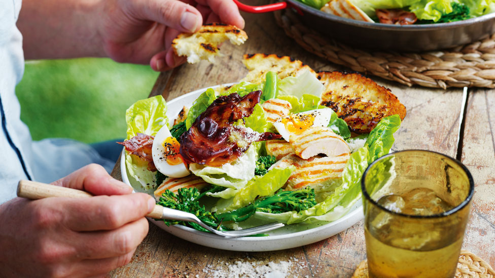 Chargrilled chicken caesar salad with baby broccoli