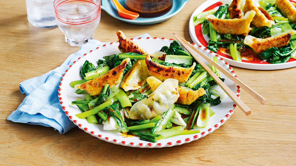 Prawn gyoza with sesame greens