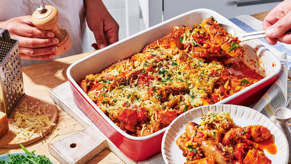 Leftover roasted vegetable and sausage bake 