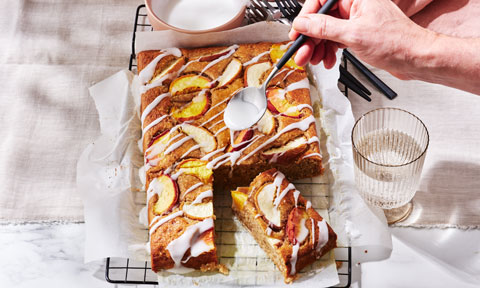 Banana cake with peach and coconut