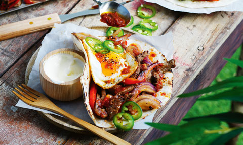 BBQ steak and egg tacos