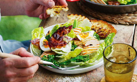 Chargrilled chicken caesar salad with baby broccoli