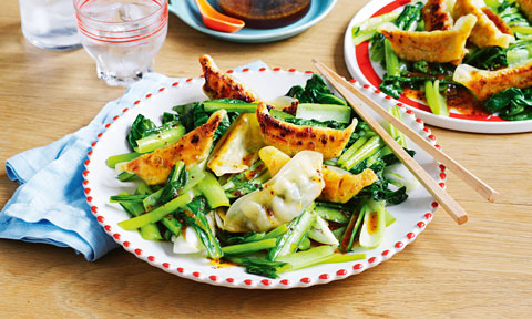 Prawn gyoza with sesame greens