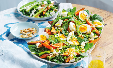 Sweet potato salad with egg and asparagus