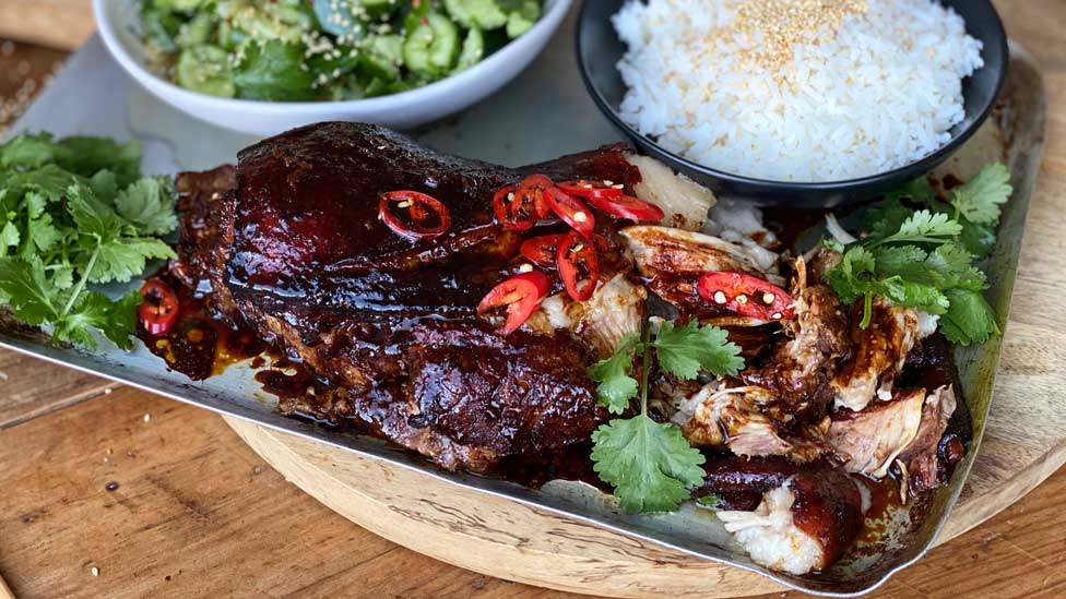 Chinese slow roast pork shoulder with smashed cucumbers