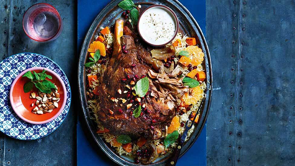 Middle Eastern style lamb leg with almond pilaf
