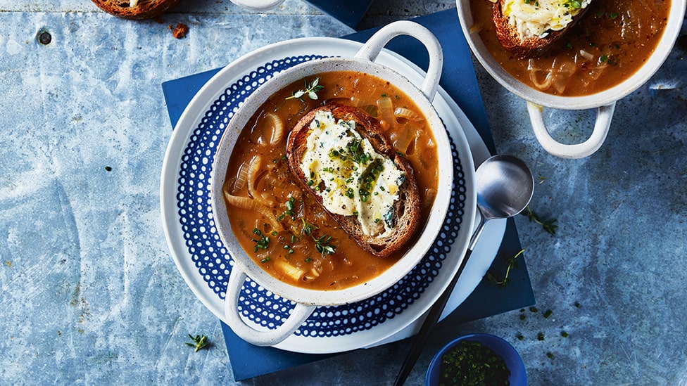 French onion soup with blue cheese croûtes