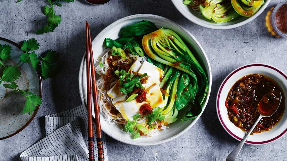 Steamed tofu and pak choy 