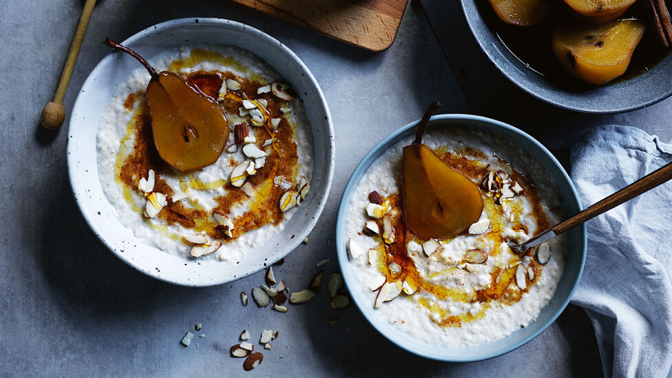 Poached pear and almond with porridge