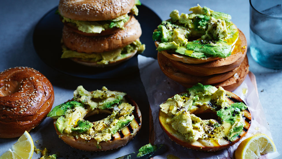 Smashed avocado on bagels