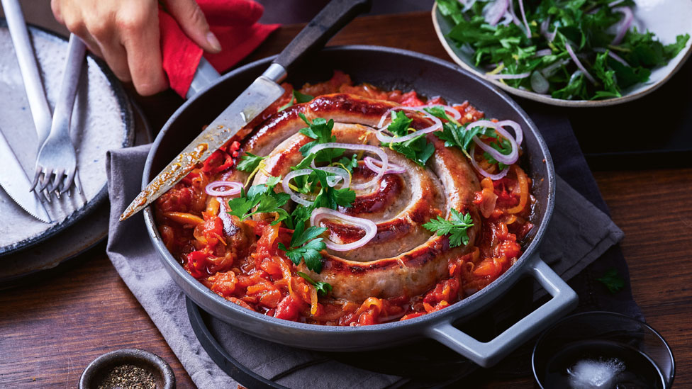 Courtney Roulston’s Cumberland sausage with warm tomato relish 