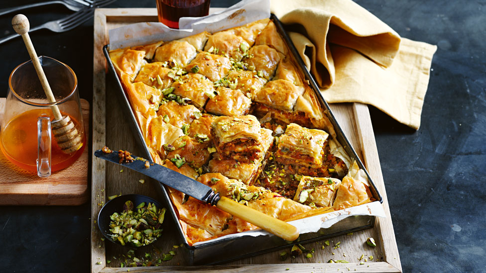 Pumpkin baklava with saffron and orange syrup